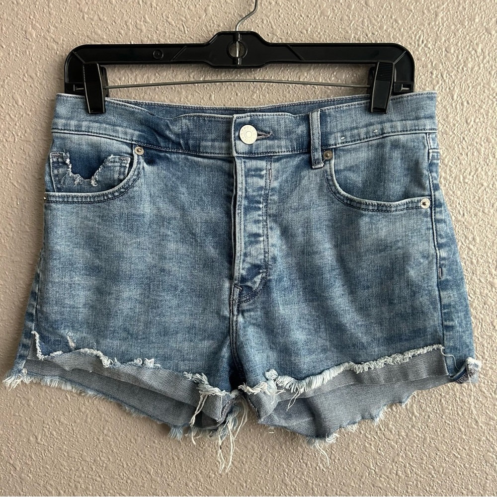 Express vintage high rise destructed 2.5” cutoff shortie denim jeans shorts‎